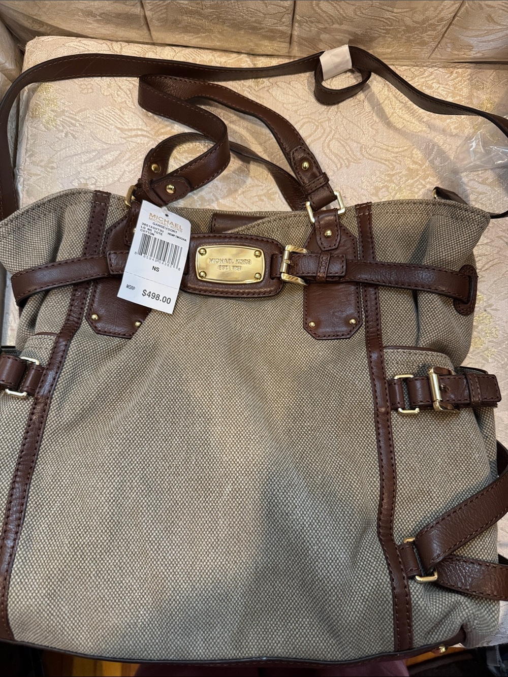 Michael Kors Beige Canvas Tote with Brown Leather Trim